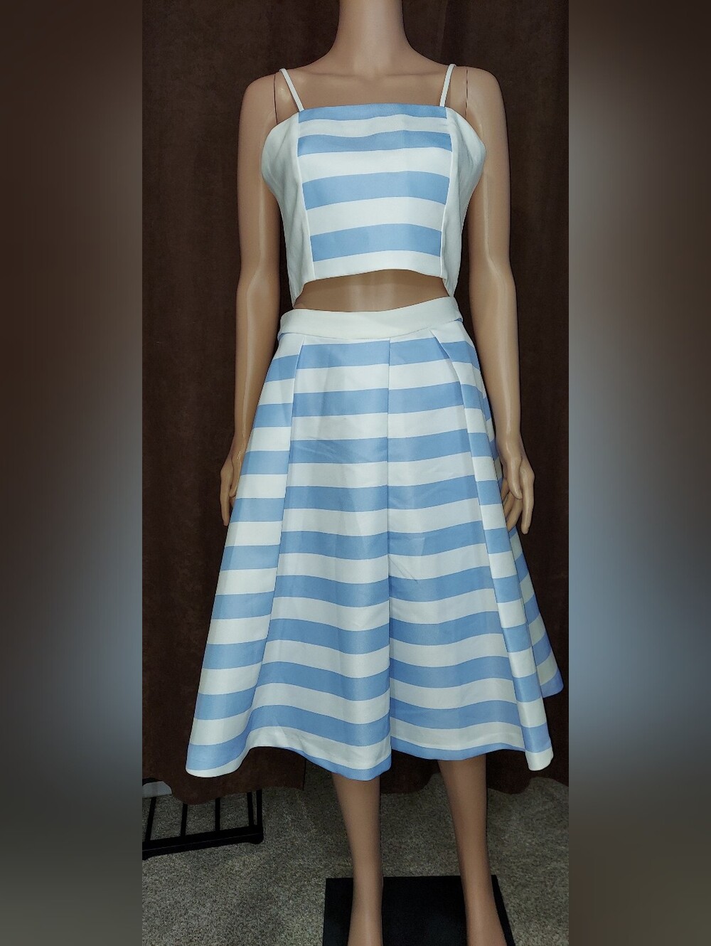 Endless Rose Blue and White Striped Circle Skirt And Crop Top
